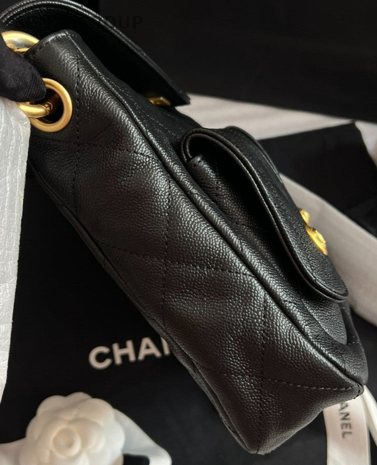 Chanel 25P PM Hobo Shoulder Bag Crossbody Black Gold Women Classic