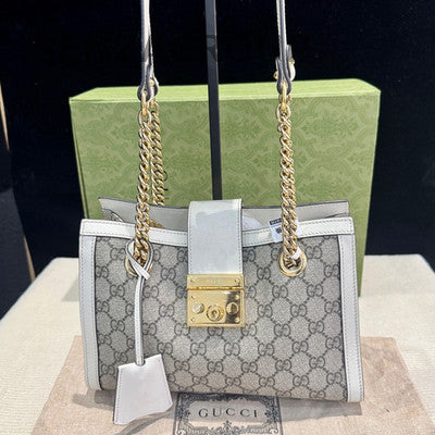 Gucci Padlock Small White GG Monogram Shoulder Bag Gold Hardware