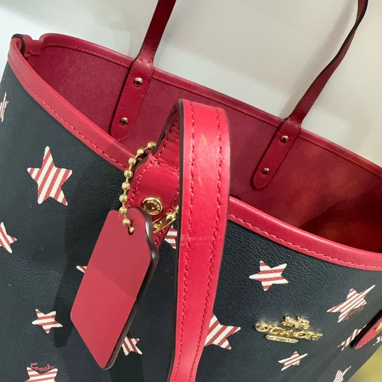 Coach City 33 Reversible Star Print Leather Tote Shoulder Bag Women Navy