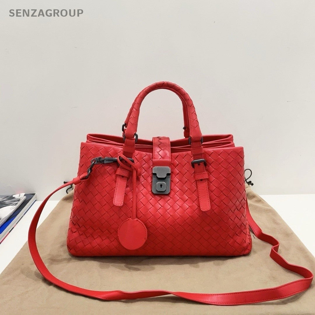 Bottega Veneta Roma PM Top Handle Shoulder Crossbody Bag Red Intrecciato Women