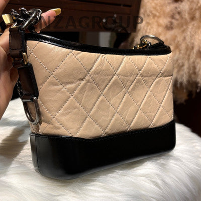 Chanel Beige & Black Small Gabrielle Hobo Bag Quilted Chain Shoulder Bag
