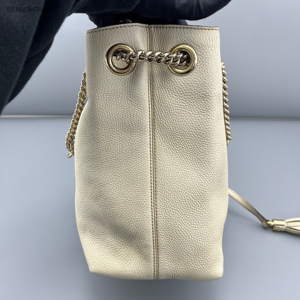 Gucci Soho Chain Tassel Tote Shoulder Bag White Silver Used Women Classic