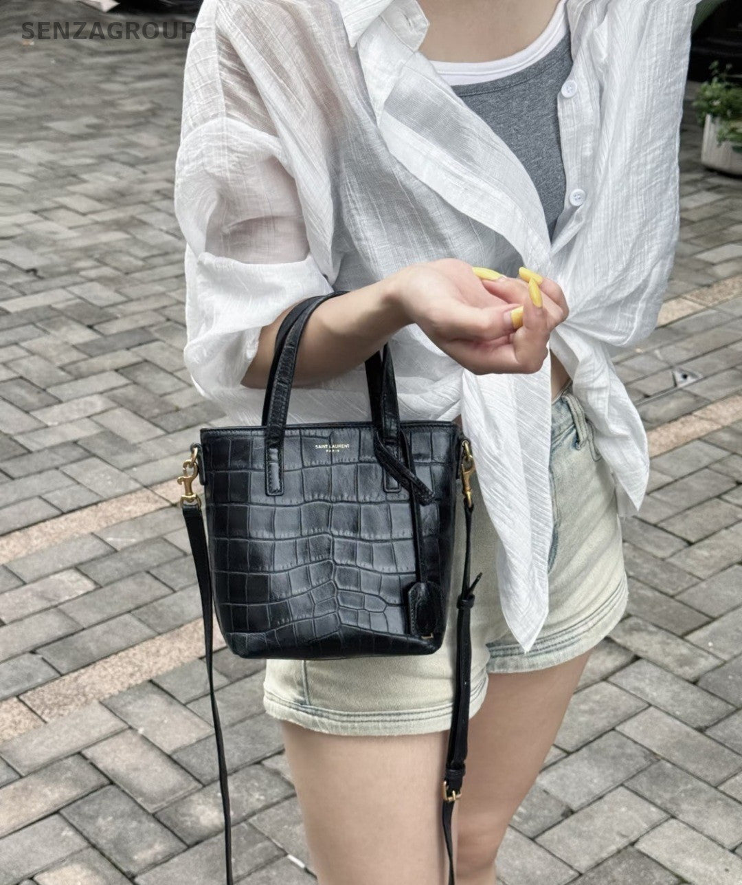 YSL Saint Laurent Embossed Calfskin Top Handle Shoulder Tote Bag Women Black