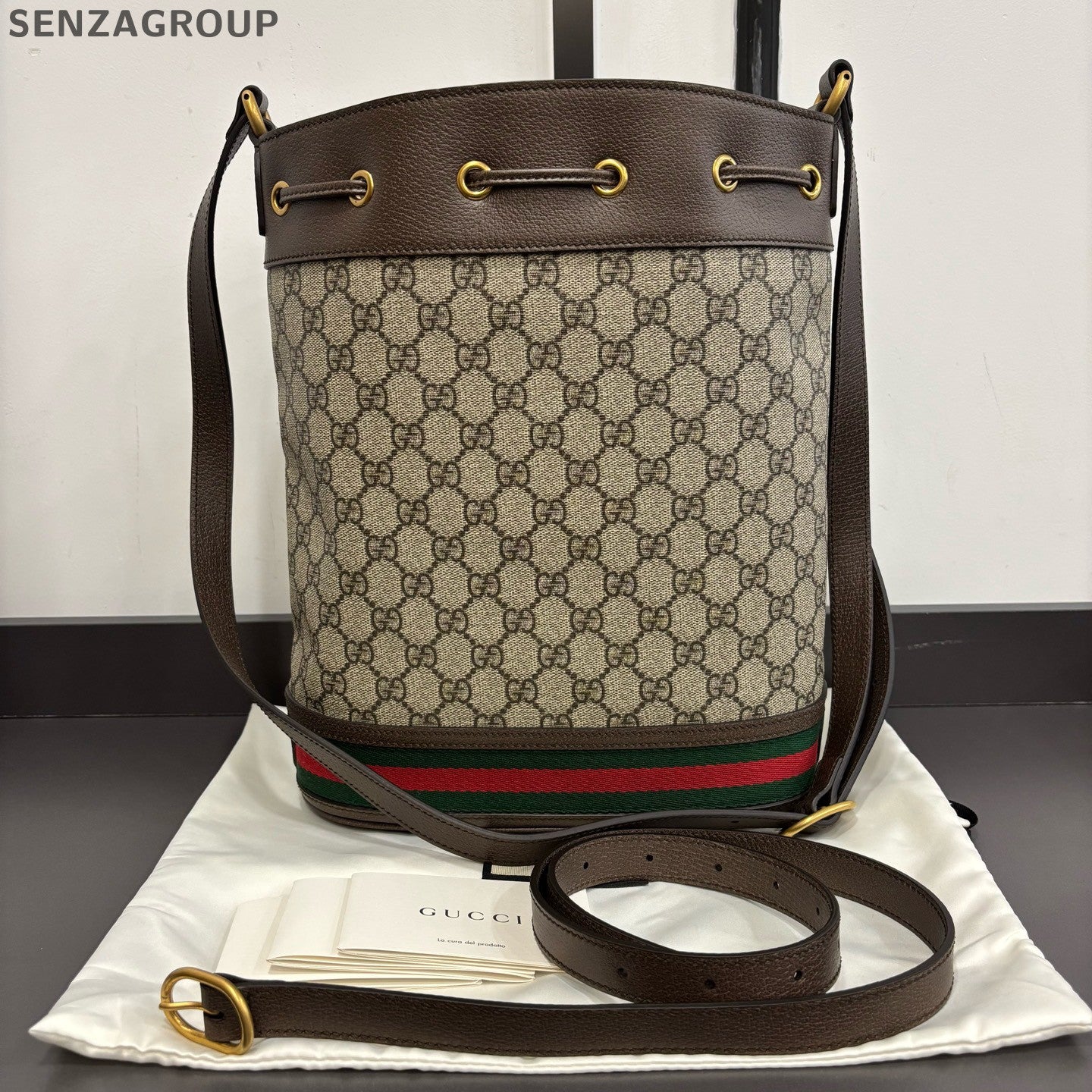 Gucci Ophidia Drawstring Bucket Bag Brown Crossbody Shoulder Bag Women