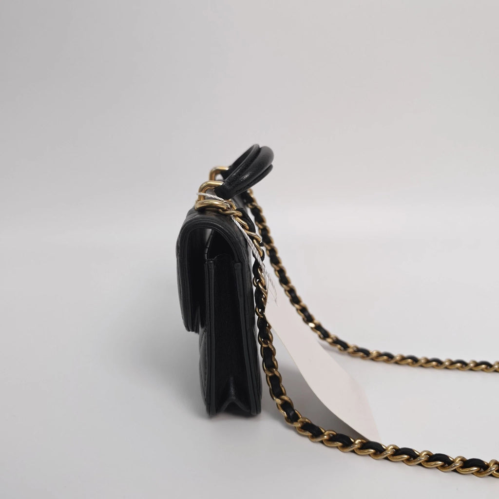 CHANEL Black Gold Lambskin Mini Top Handle Chain Bag For Women