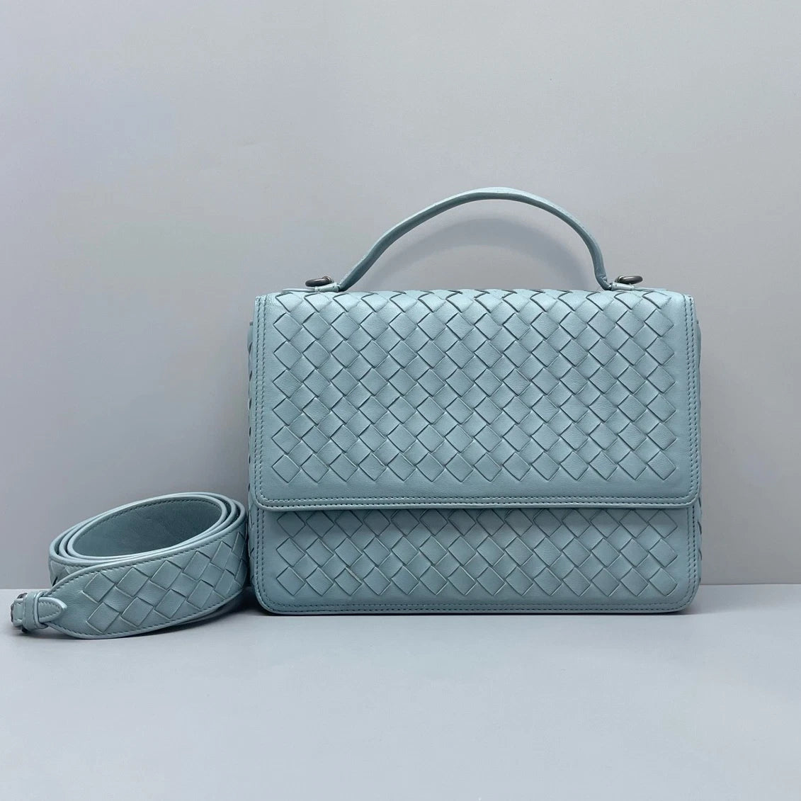 Bottega Veneta Valumna Intrecciato Top Handle Crossbody Blue Silver Women