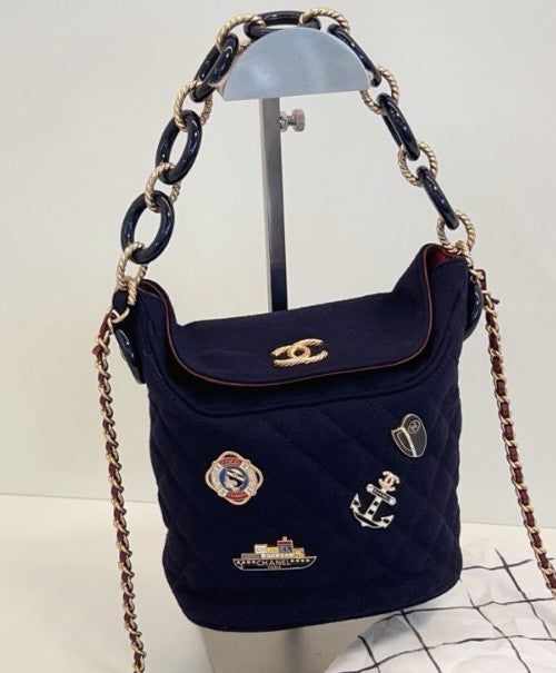 Chanel Bucket Chain Shoulder Bag Crossbody Blue Gold Women Classic Designer