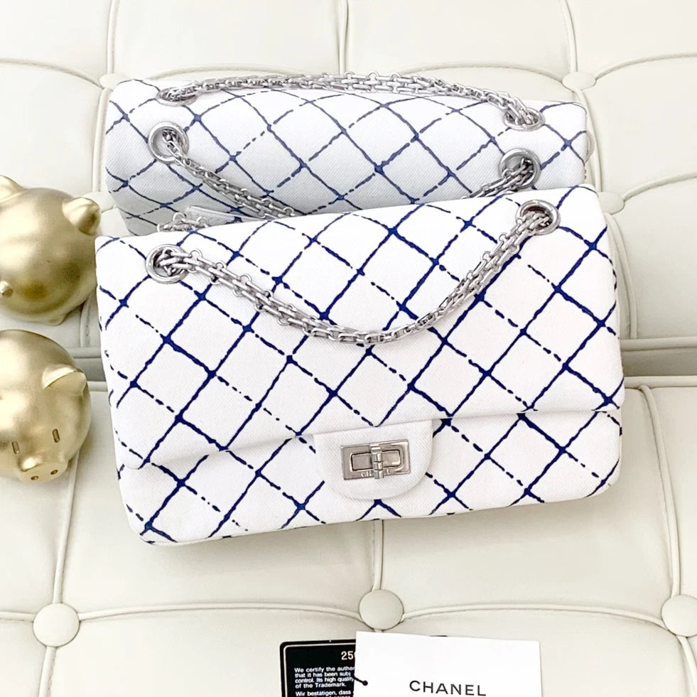 Chanel Denim Chain Diamond Shoulder Crossbody Bag White Silver Women S