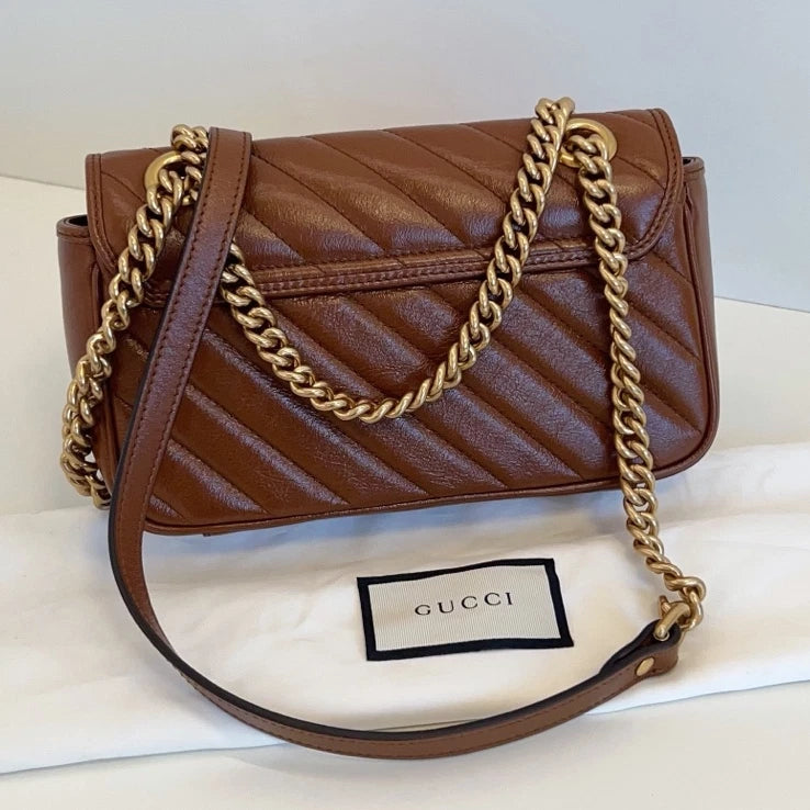 Gucci Marmont 22 Chain Shoulder Crossbody Bag Brown Gold Hardware Women