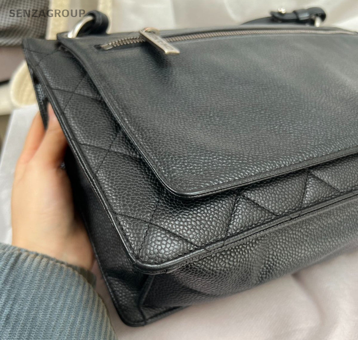 Chanel Diamond Calfskin Chain Shoulder Bag Black Silver Women Classic