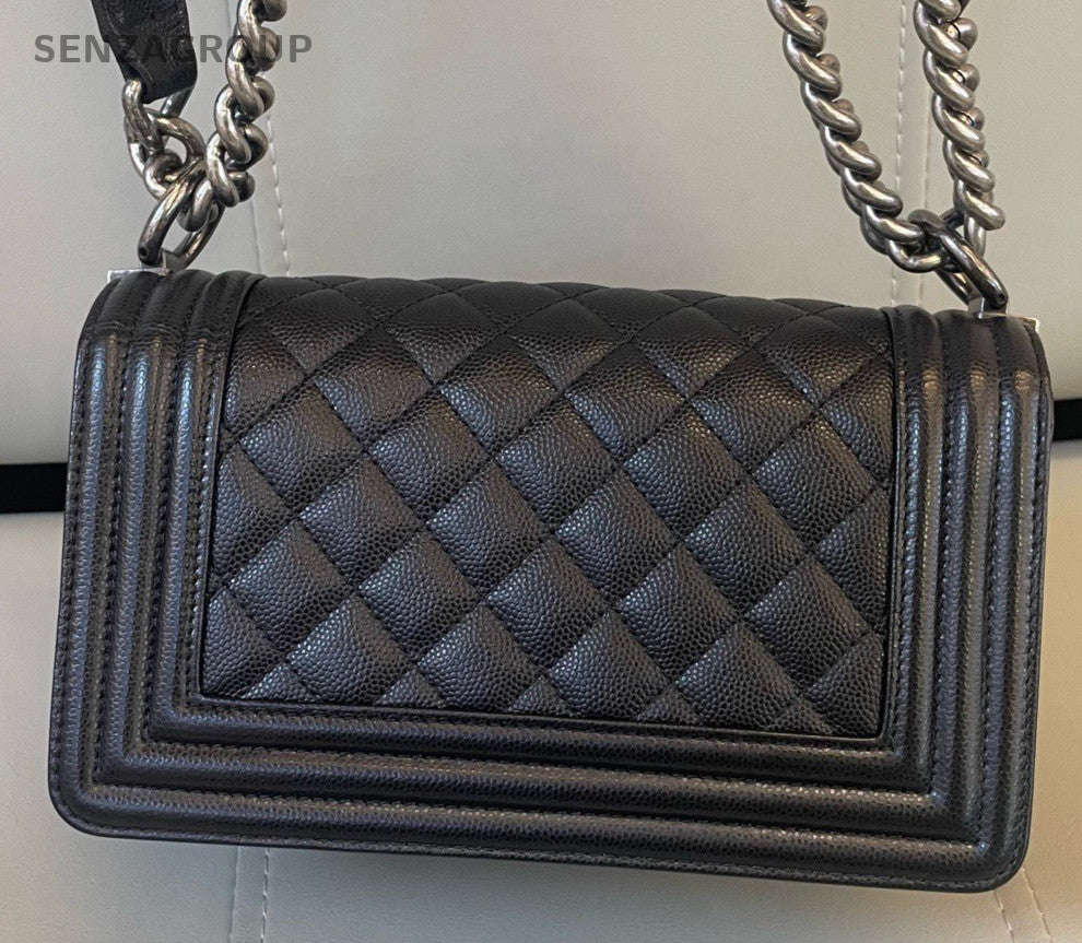 Chanel Leboy PM Chain Shoulder Bag Crossbody Black Silver Diamond Women Classic