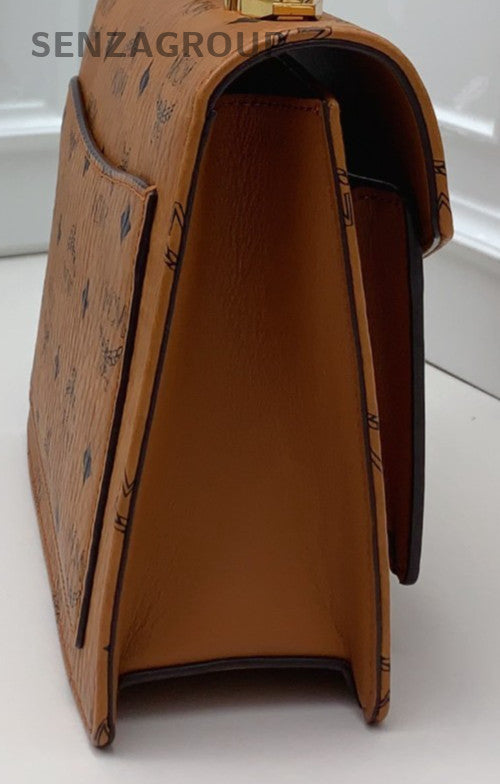 Mcm PM Top Handle Bag Shoulder Bag Crossbody Brown Gold Women Classic
