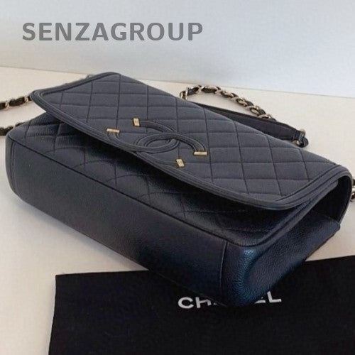 Chanel Classic Flap MM CC Filigree Flag Chain Shoulder Bag Black Women Fashion