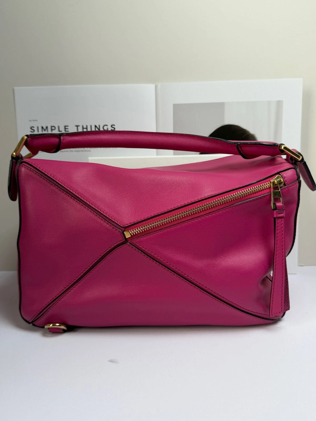 Loewe Puzzle MM Top Handle Shoulder Bag Crossbody Fuchsia Gold Women Classic