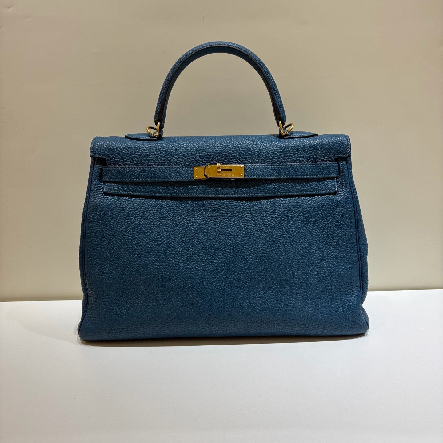 Hermes Kelly35 Top Handle Shoulder Bag Crossbody Blue Gold Women Classic Fashion