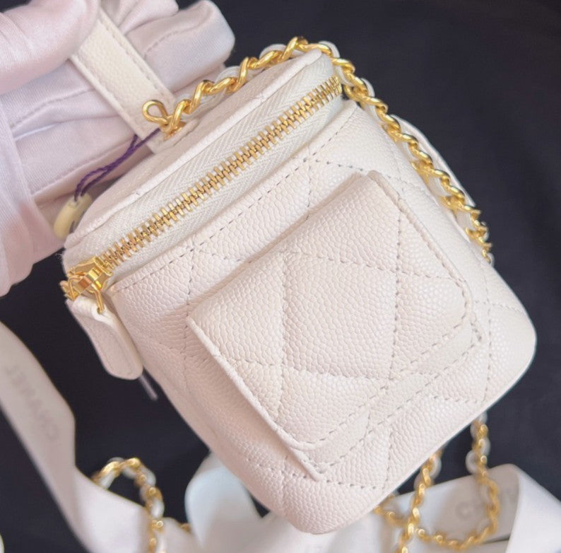 Chanel Cargo Calfskin Vanity Case Top Handle Chain Crossbody White Gold Women