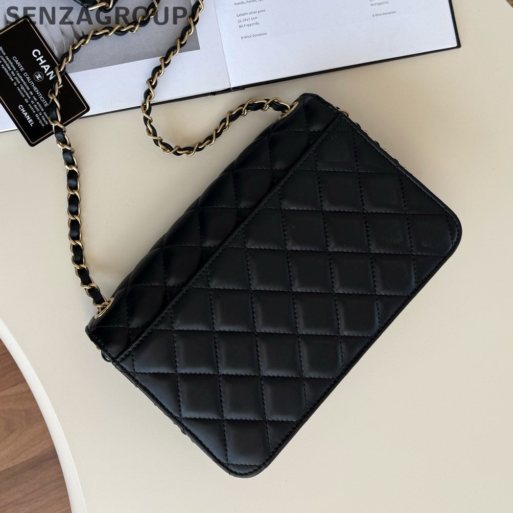 Chanel WOC Chain Shoulder Crossbody Black Gold Diamond Women Classic