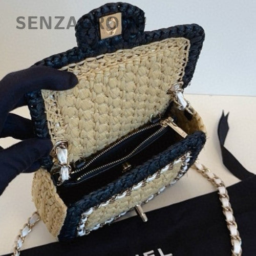 Chanel 24C Raffia Chain Shoulder Bag Crossbody Black Silver Used Women Classic