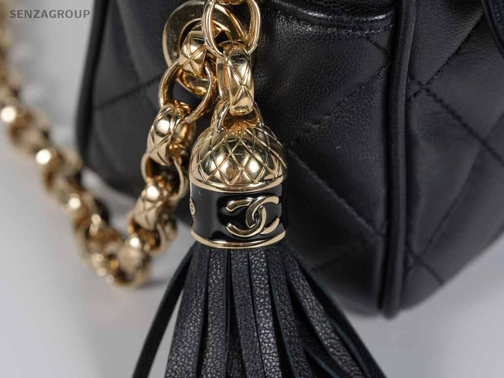 Chanel Fringe Chain Shoulder Bag Crossbody Black Gold Women Classic Diamond