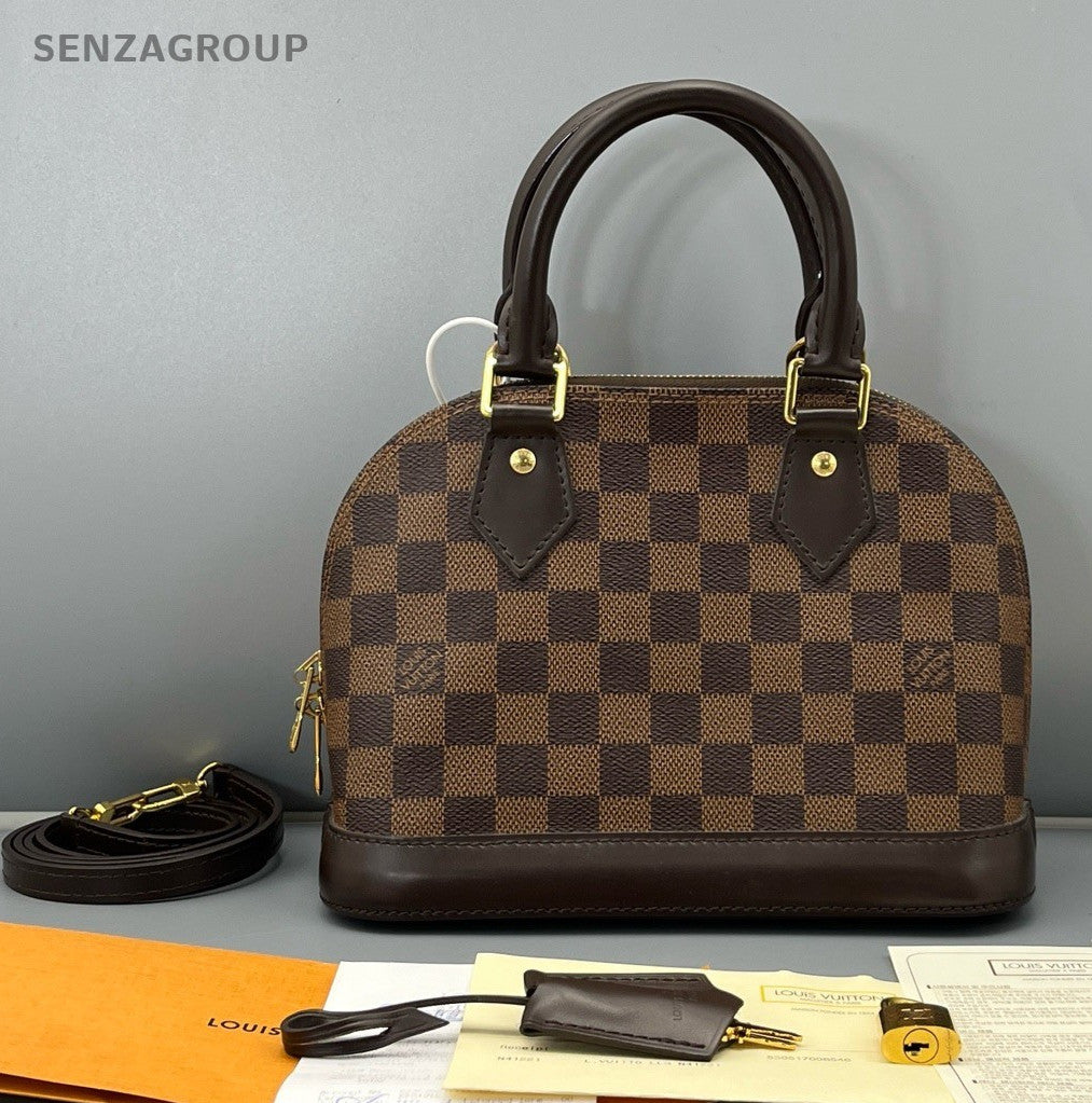 Louis Vuitton Alma BB Damier Top Handle Bag Crossbody Brown Gold Women Classic