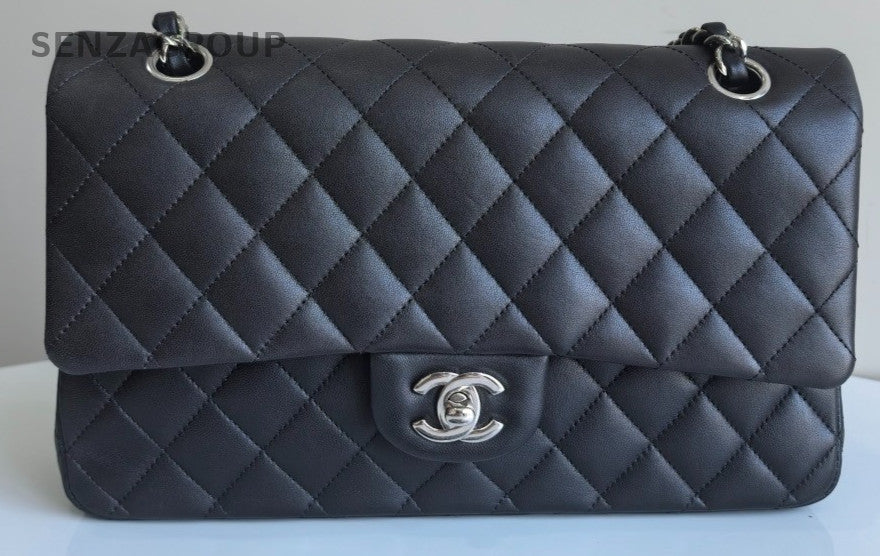 Chanel Classic Flap MM Lambskin Chain Shoulder Bag Black Silver Women Designer