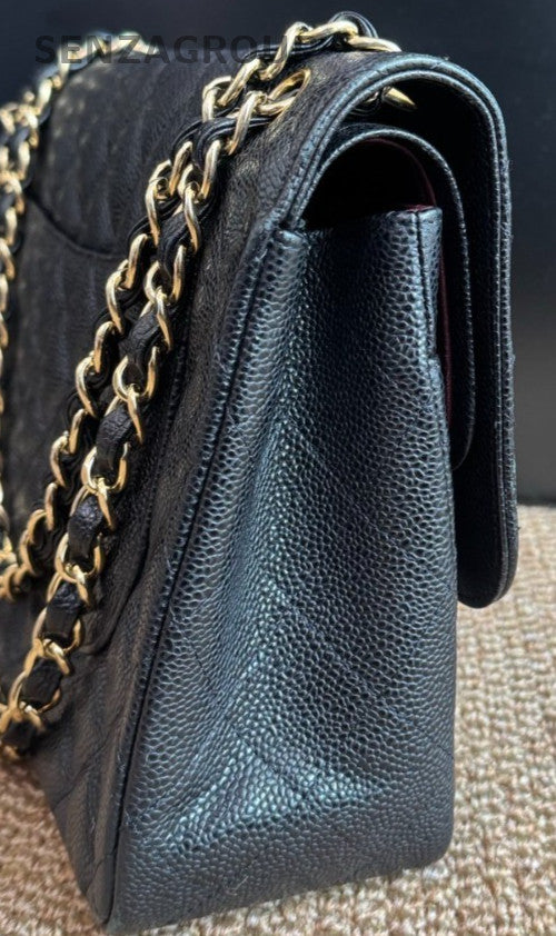 Chanel Classic Flap Jumbo Calfskin Chain Shoulder Bag Black Gold Women Diamond