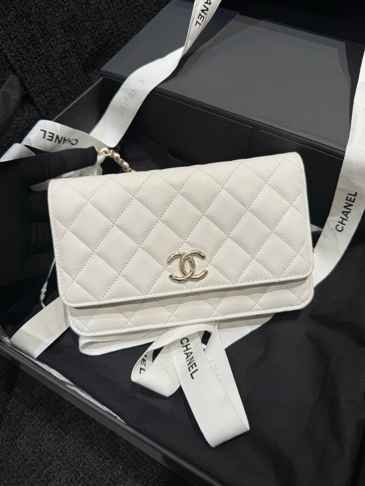 CHANEL Quilted White Leather WOC Gold Hardware Crossbody Bag For Women