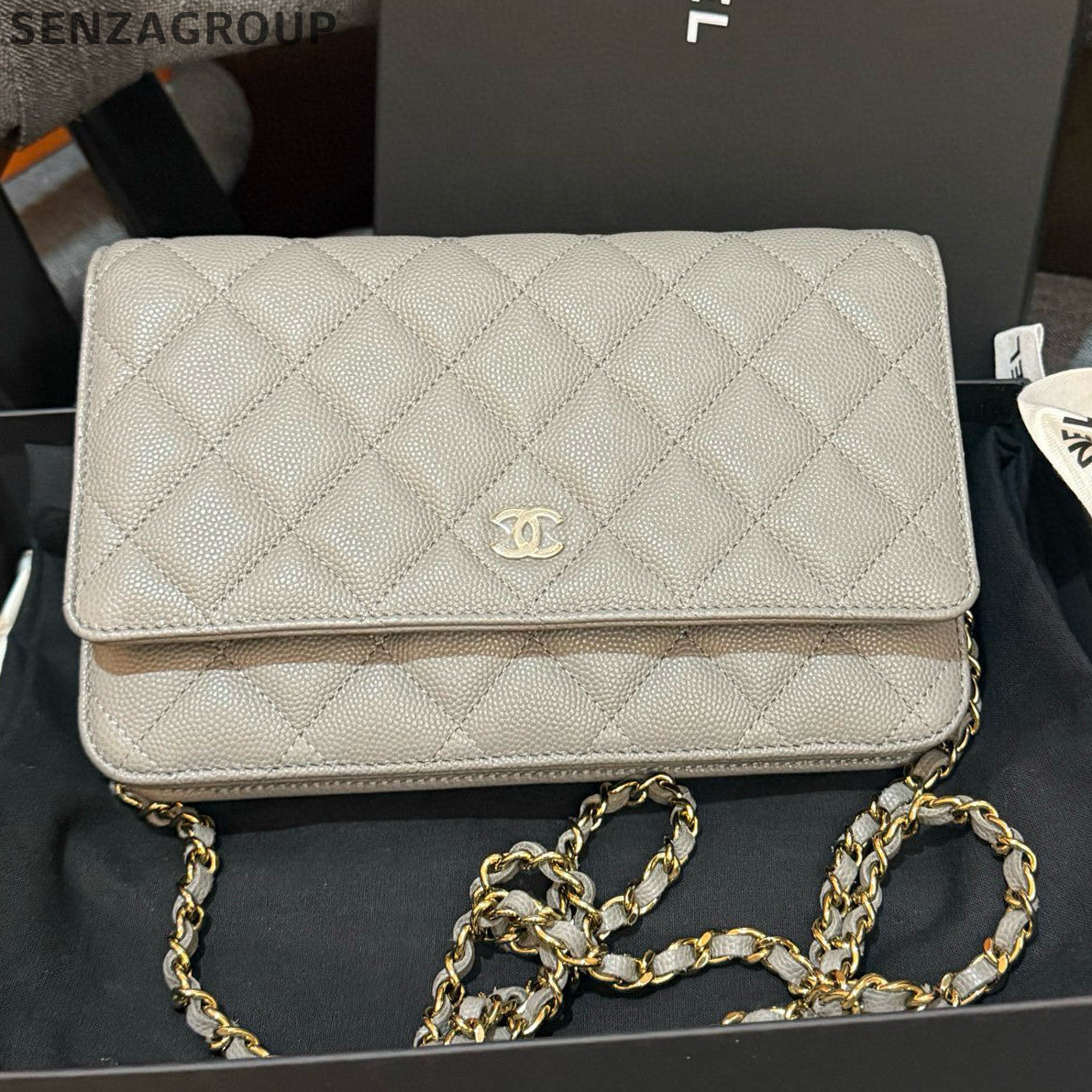 Chanel WOC Calfskin Chain Shoulder Crossbody Bag Grey Gold Classic Fashion