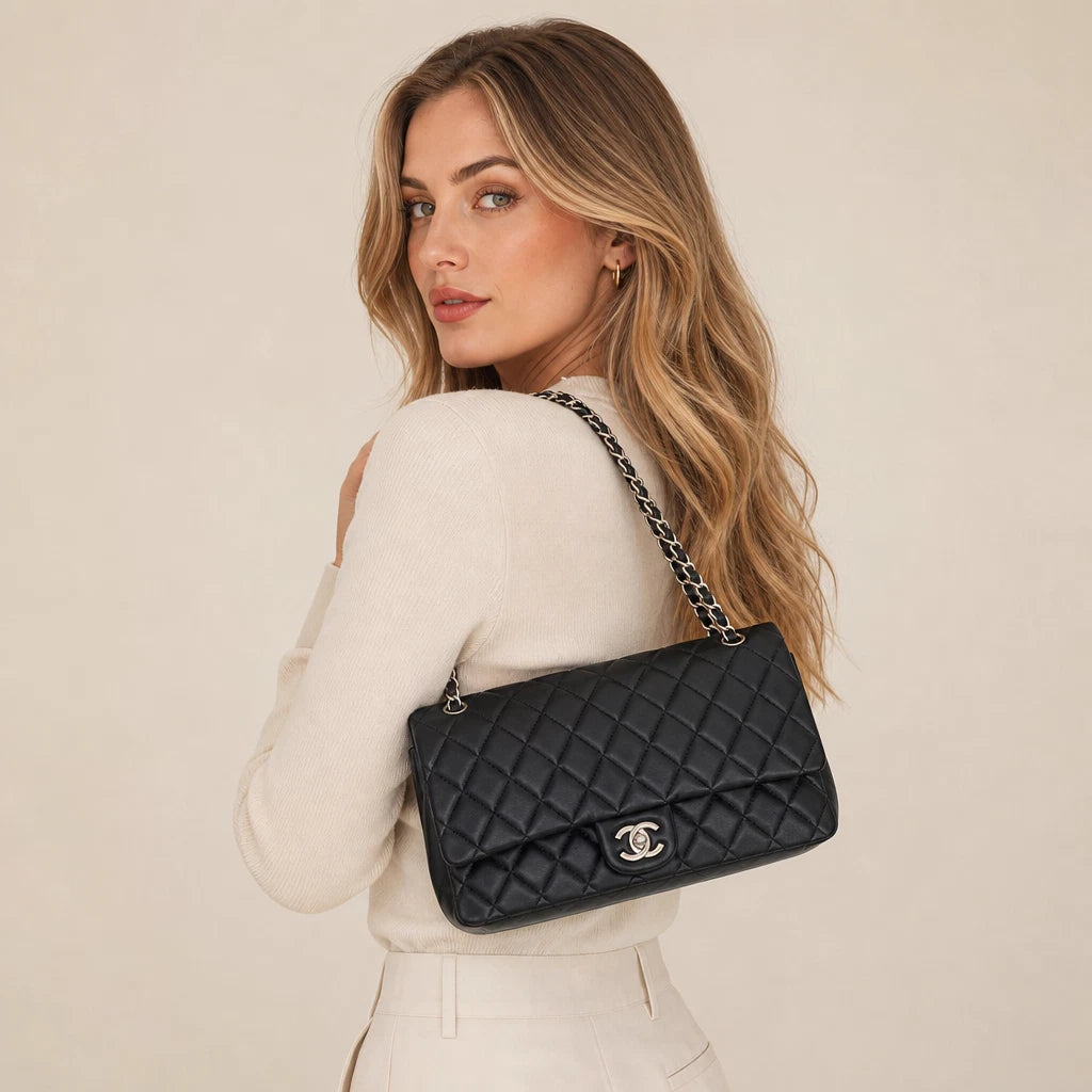 Chanel Classic Flap Chain Black Shoulder Bag Crossbody Diamond Silver Hardware