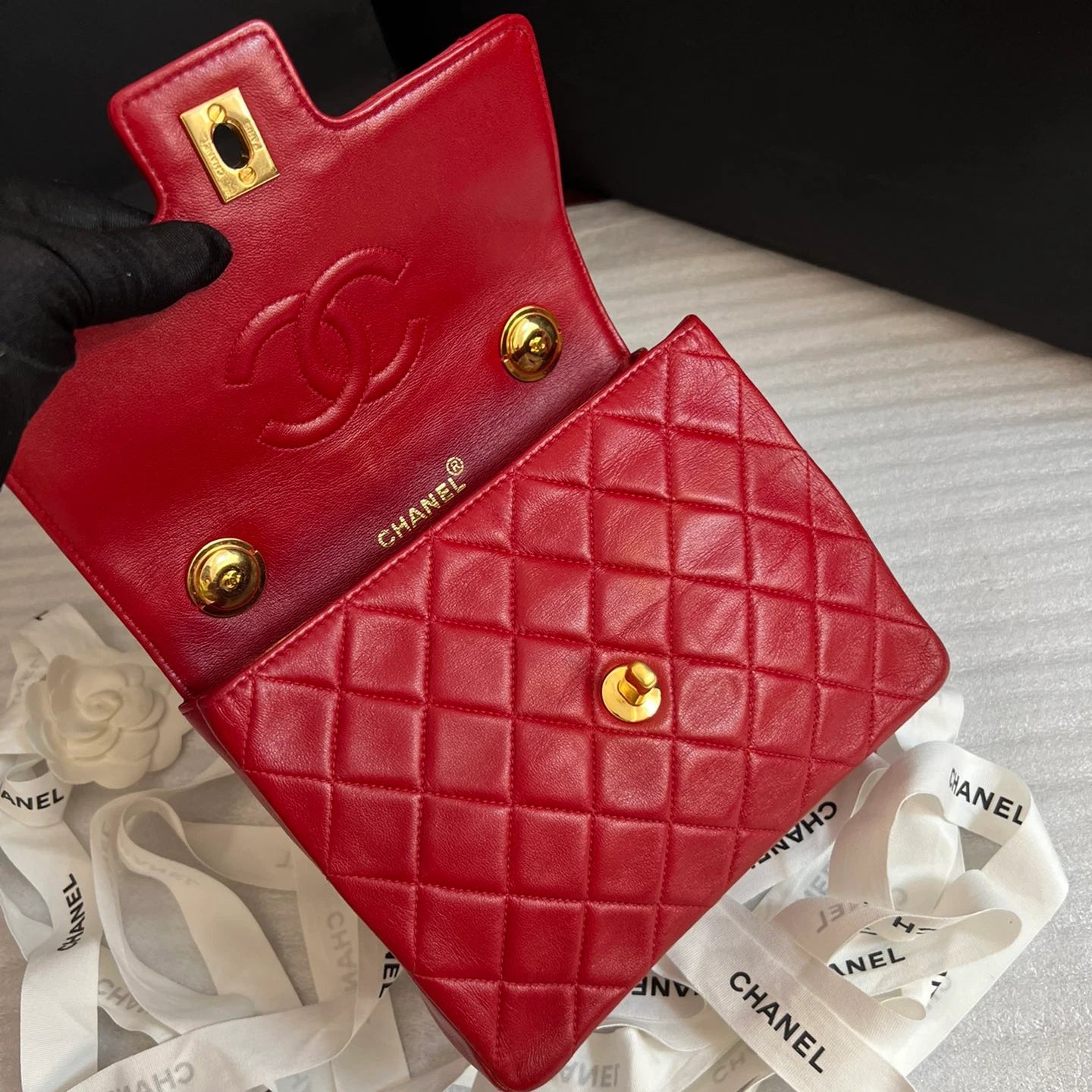 Chanel Kelly Vintage Top Handle Bag Diamond Red Gold Used Women Classic