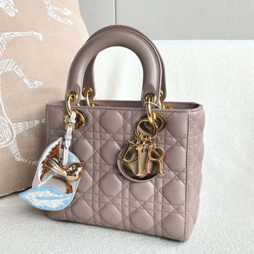 Christian Dior Lady Dior Lambskin Top Handle Crossbody Beige Gold Women Classic