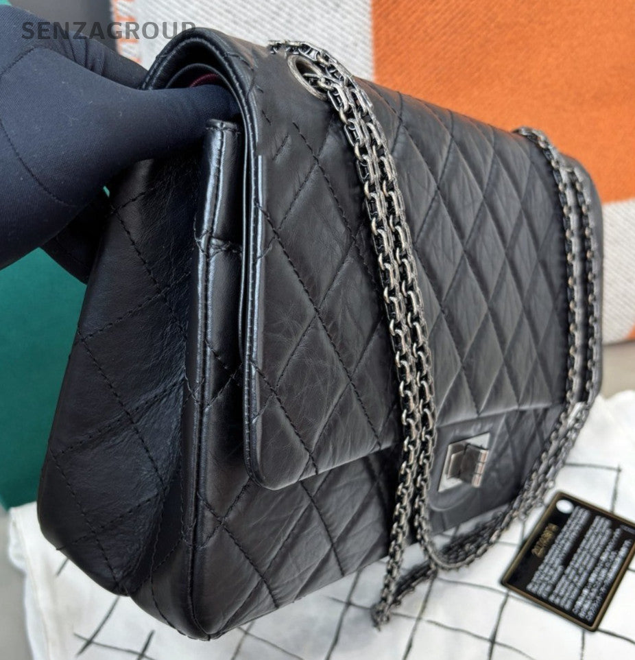 Chanel 2.55 GM Chain Shoulder Bag Black Silver Women Classic Diamond