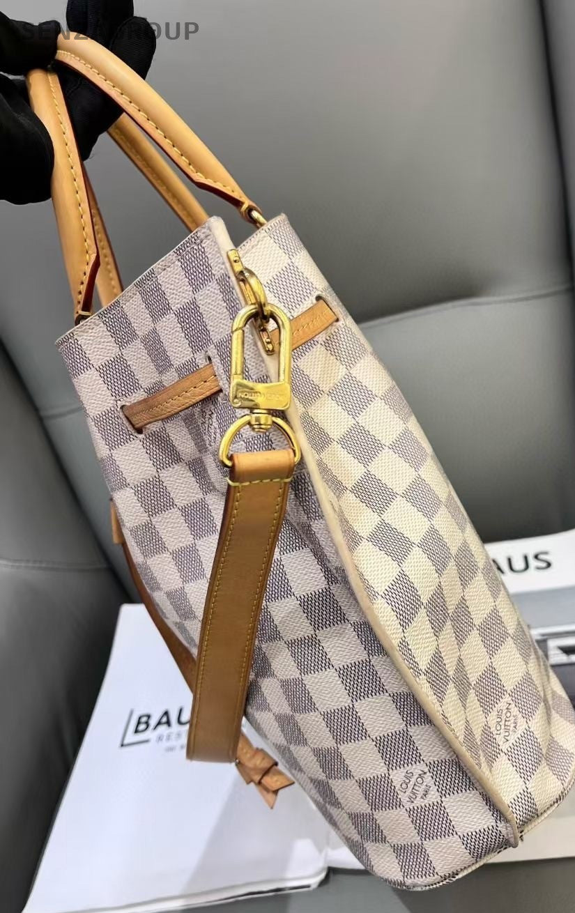 Louis Vuitton Girolata White Damier Azur Drawstring Bucket Top Handle Bag Brown
