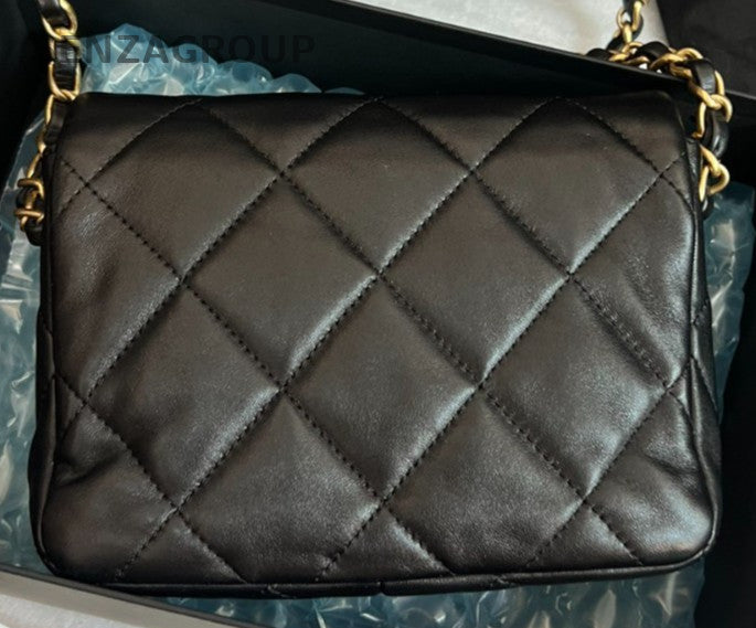 Chanel 23S Lambskin Chain Shoulder Bag Crossbody Black Gold Women Classic