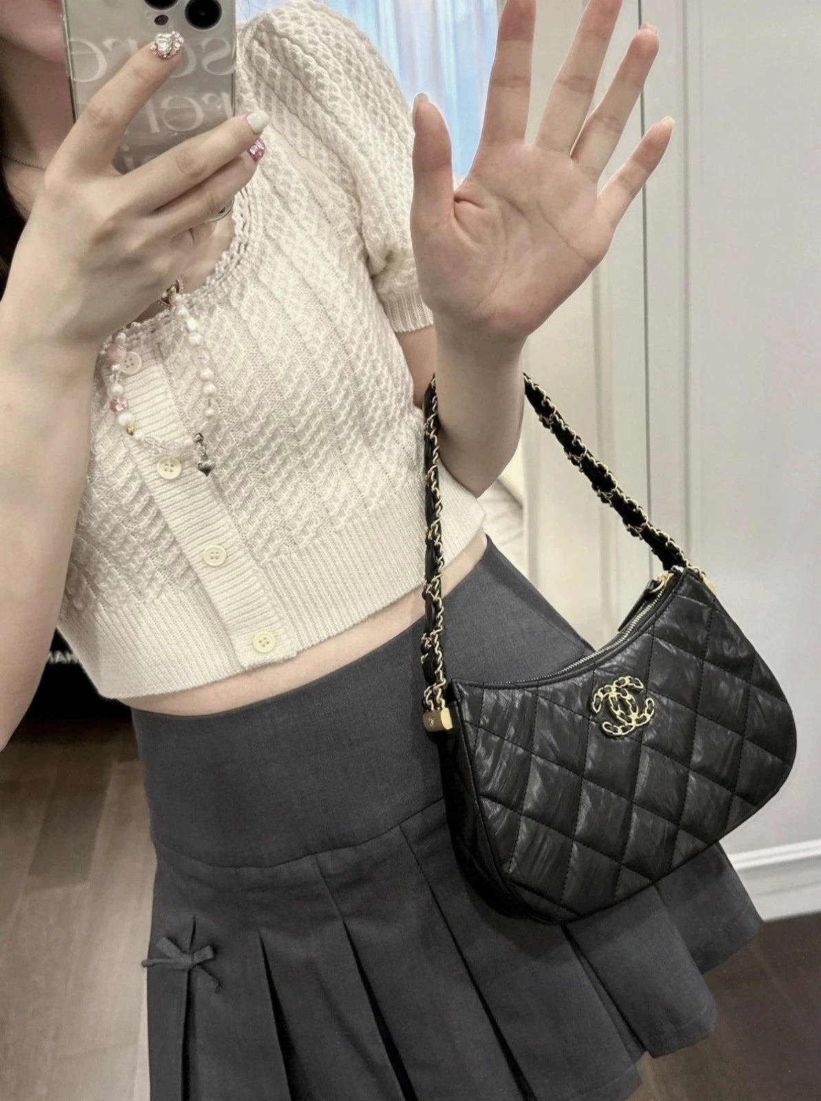 CHANEL Hobo Large Black Gold Calfskin Shoulder Bag For Women