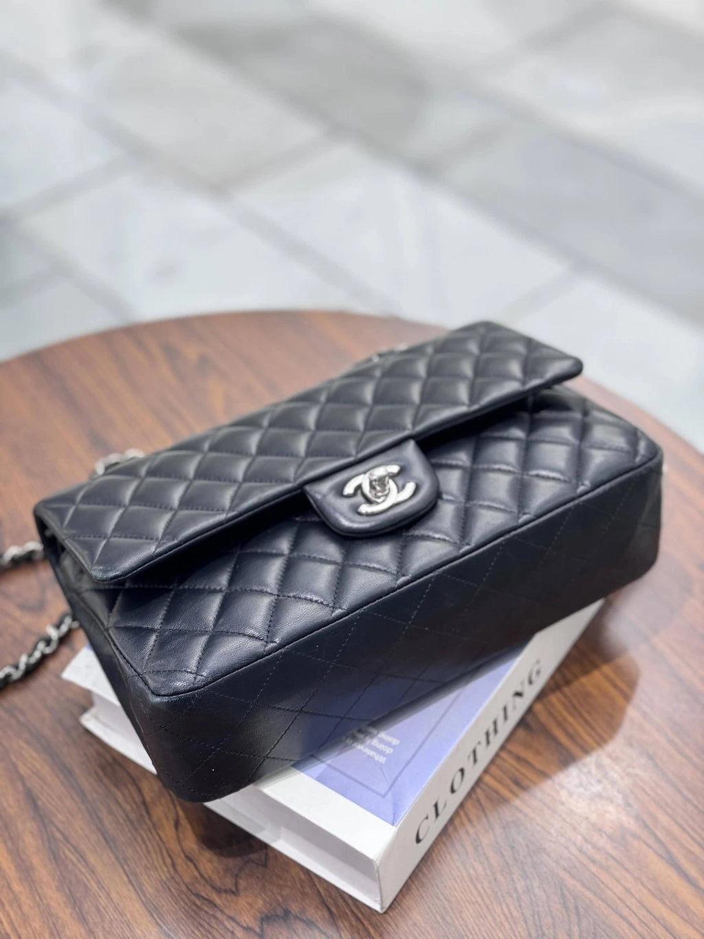 CHANEL Black Silver Lambskin Medium CF Shoulder Bag For Women Pre-owned