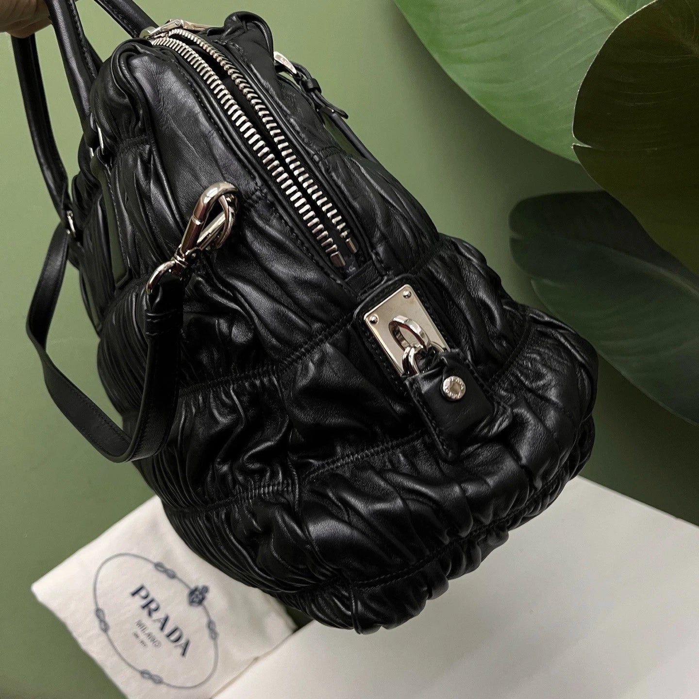 Prada Tote Bag 2ways Black Silver Hardware Crossbody Bag Excellent
