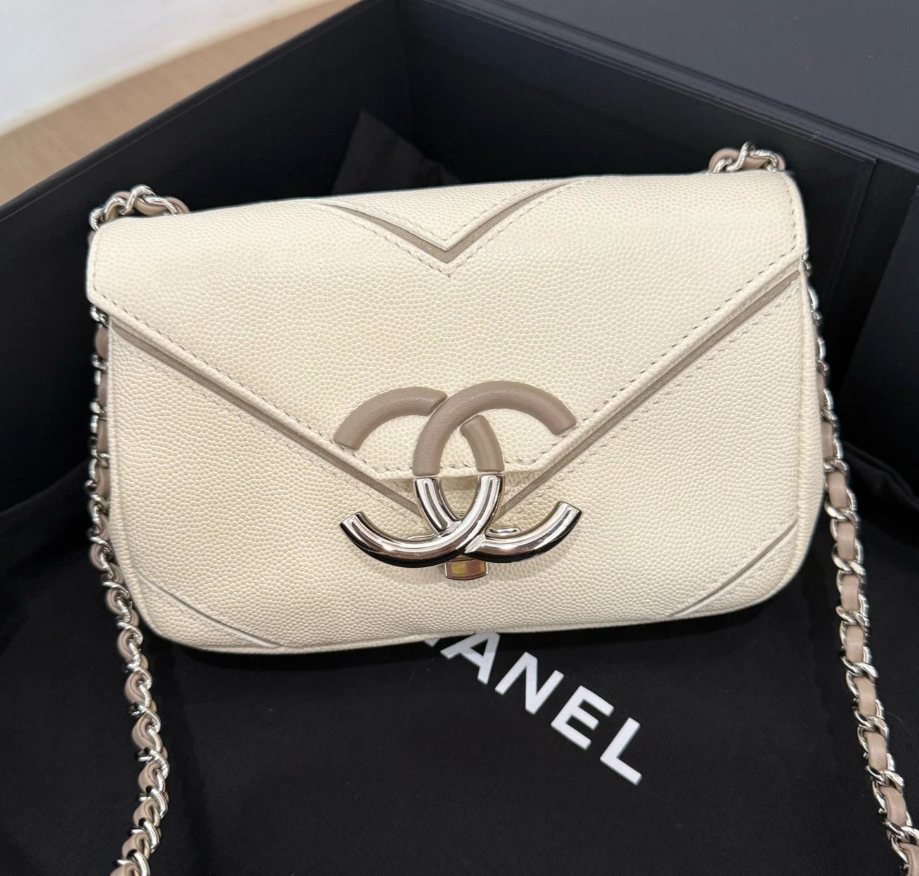 Chanel Calfskin White Shoulder Bag Crossbody Bag Silver Hardware Women