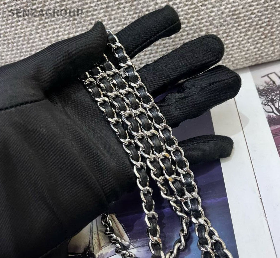 Chanel Calfskin Chain Shoulder Bag Camellia Black Silver Women Classic Fashion