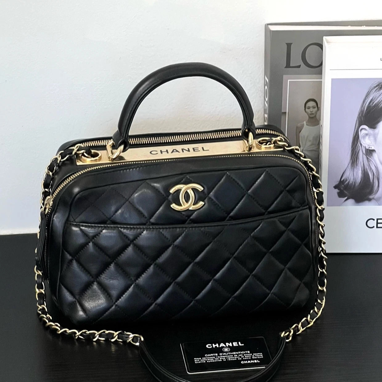 Chanel Trendy CC Lambskin Top Handle Shoulder Bag Black Gold Women Classic
