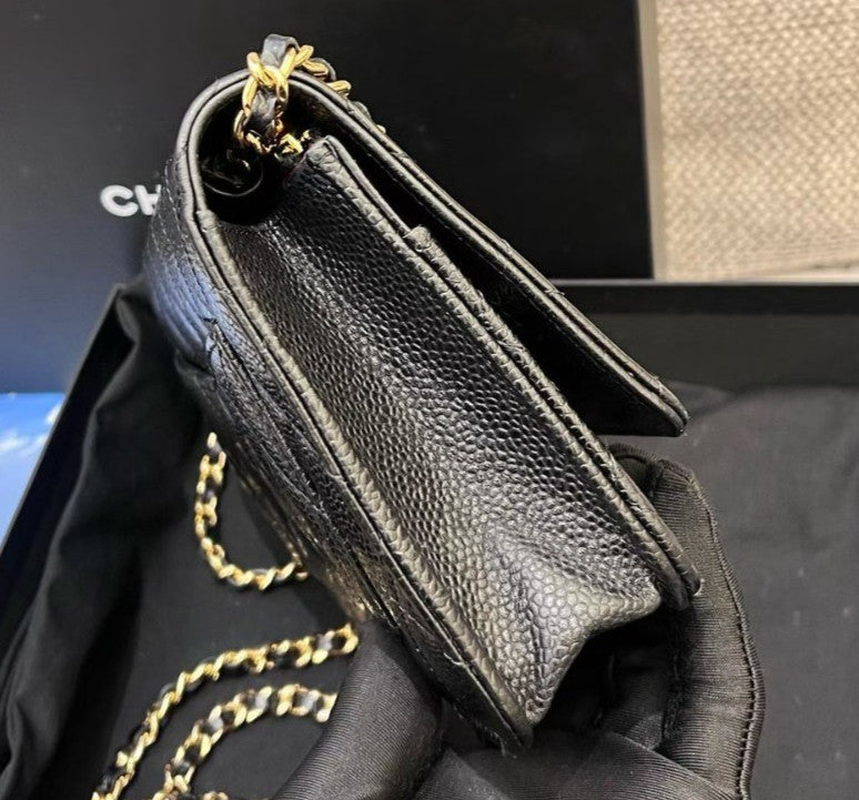 Chanel WOC Chain Crossbody Shoulder Bag Black Gold Diamond Women Classic