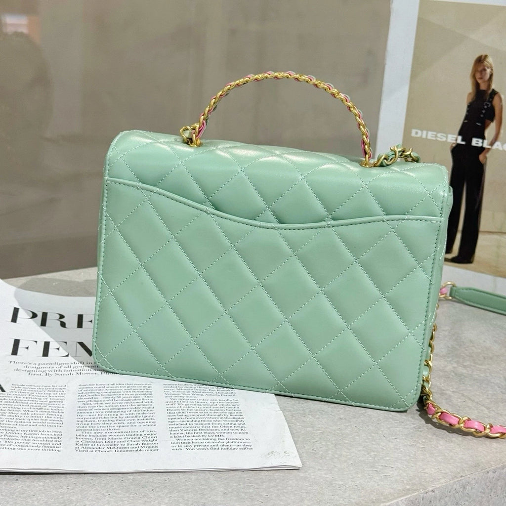 CHANEL Green Leather Top Handle Flap Crossbody Bag For Women