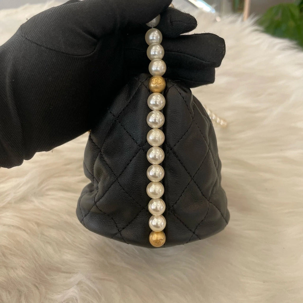 Chanel Mini Pearl Bucket Chain Crossbody Bag Black Gold Classic Women