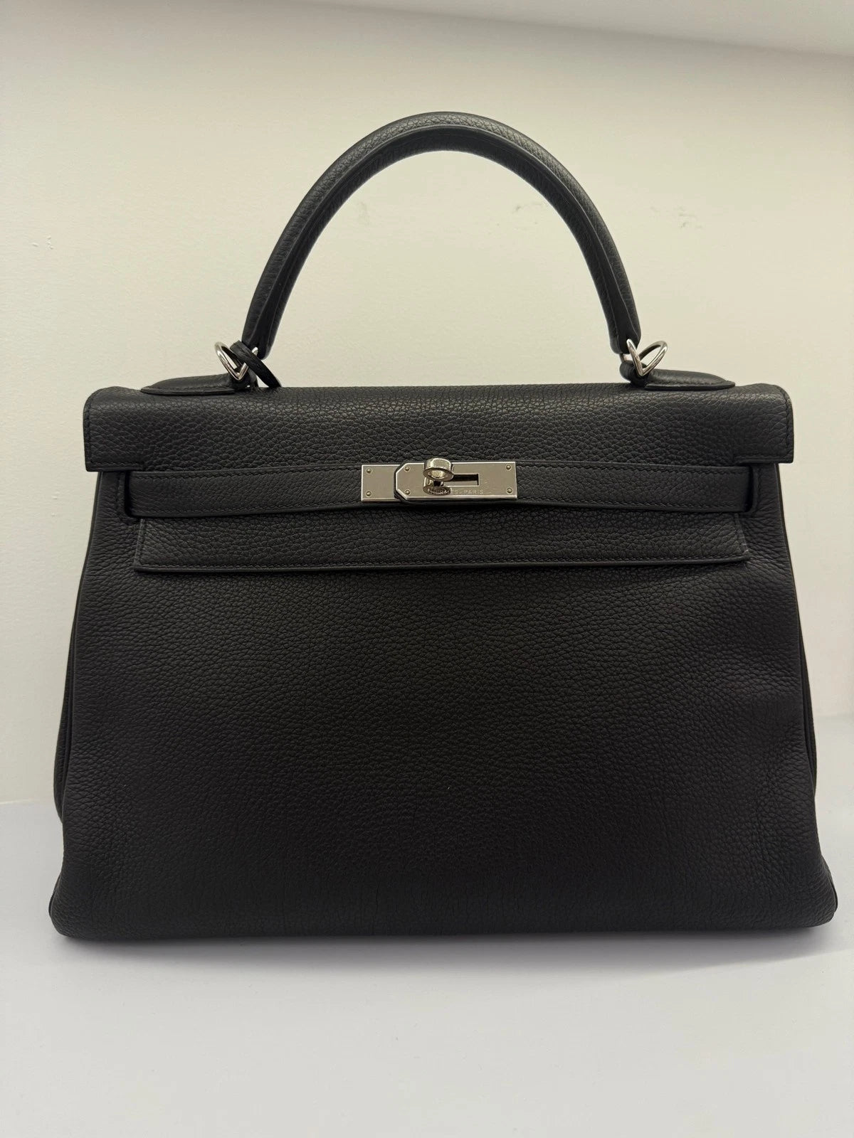 Hermes Kelly32 Black Silver Togo Leather Top Handle Bag For Women