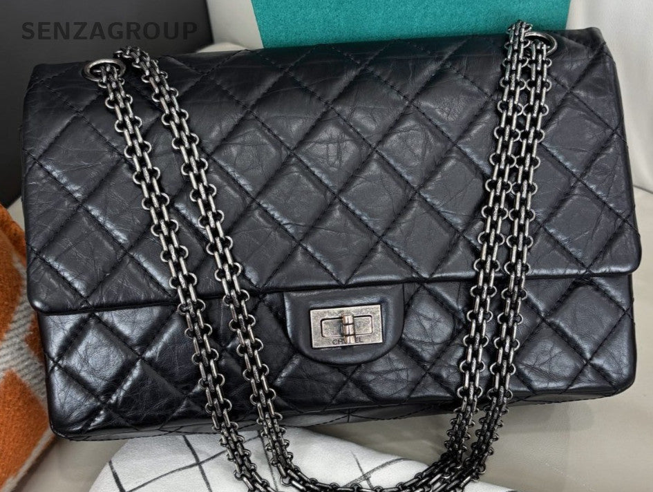 Chanel 2.55 MM Chain Shoulder Bag Black Silver Used Women Classic Diamond