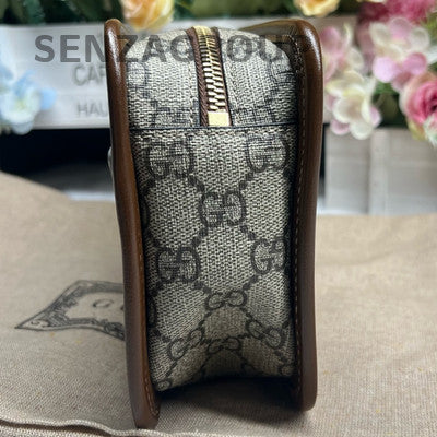 Gucci GG Supreme Brown Zip Wristlet Clutch with Gold Hardware