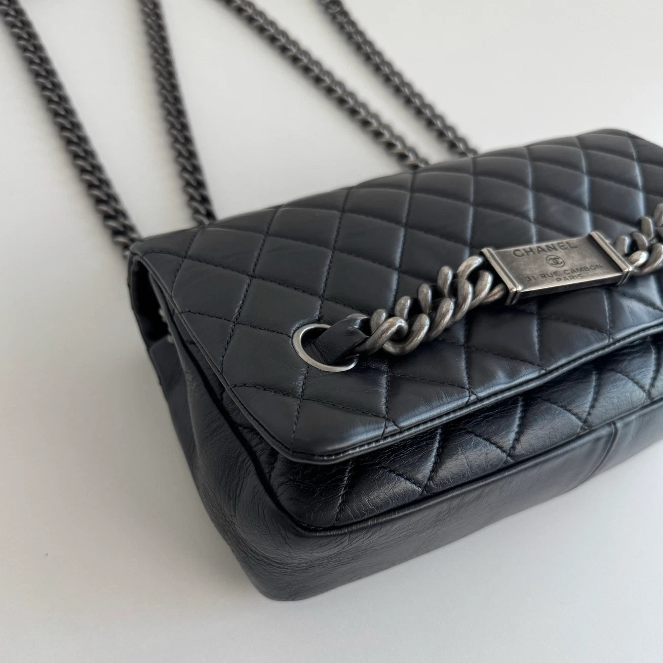 Chanel Classic Flap Cambon Chain Shoulder Bag Black Silver Women Diamond