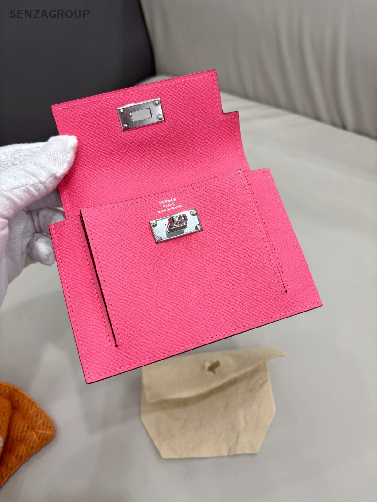Hermes 8W Kelly Pocket Epsom Leather Pink Silver Women