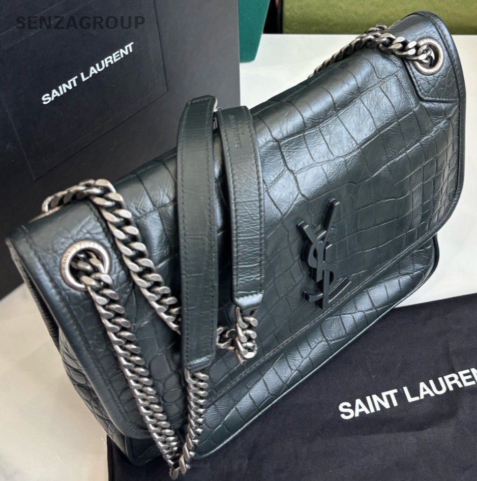 YSL Saint Laurent Niki MM Alligator pattern Chain Shoulder bag Women Dark Green