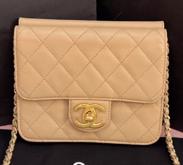 Chanel Calfskin Mini Chain Shoulder Bag Crossbody Brown Gold Women Classic